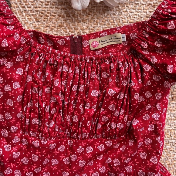 Hearts & Found Red Floral Rose Print Puff Sleeve Midi Dress Small Vintage Style - Picture 2 of 8